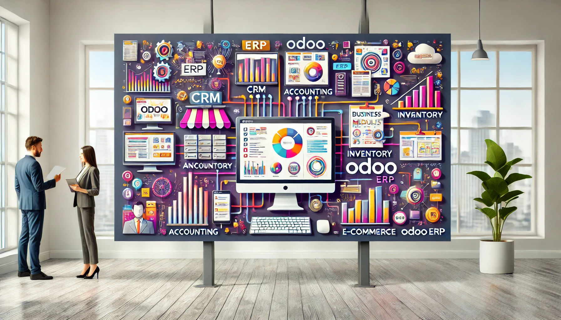 DALL·E 2024 11 18 22.11.53 A wide rectangular banner illustration showcasing Odoo ERP highlighting its features and benefits. The design includes visuals of interconnected busi